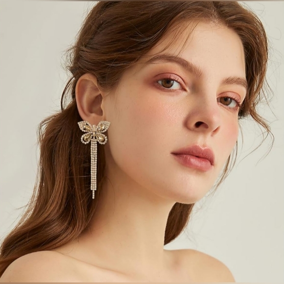 Butterfly Chandelier Pave Rhinestone Gold CZ Crystal Earrings Butterflies New - Picture 2 of 6